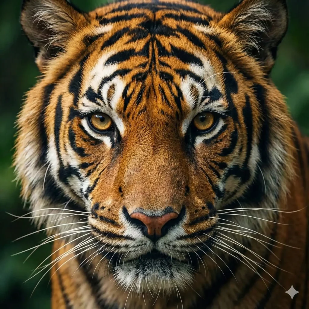 Create a close up highly detailed photo of a tiger’s face showing sharp whiskers, amber eyes, and rich orange fur with bold black stripes. Add dramatic lighting and a soft jungle green blur behind the tiger. Use aspect ratio 1:1.