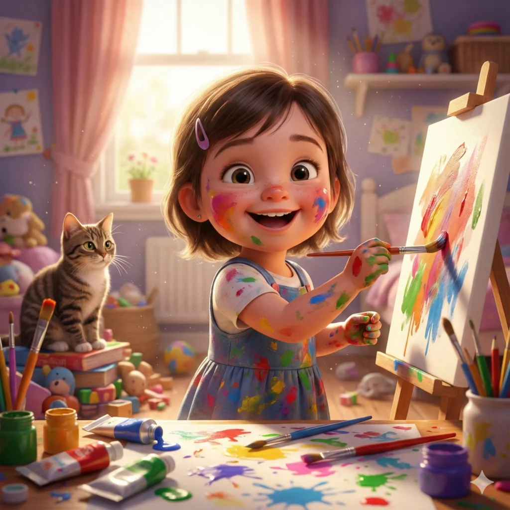 How to Create Beautiful 3D Cartoons Using Gemini Nano Banana Create a realistic 3D cartoon illustration of a little girl painting on a canvas in her bedroom. The style should look vibrant, smooth, and detailed with expressive characters and lifelike lighting. The environment should be a bright, colorful room with toys and art supplies scattered around. Use soft cinematic light, balanced shadows, and a shallow depth of field to add realism. Camera angle: close-up. The scene should include paintbrushes, color splashes, and a cat watching nearby. Add fine surface textures like wet paint strokes, fabric on her dress, and soft light reflections. Overall tone: creative and playful.