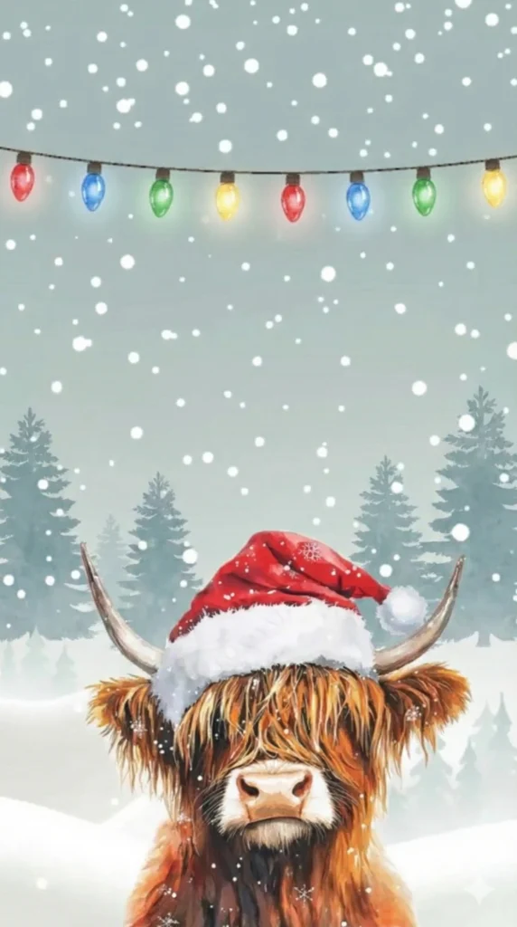 19 Gemini Nano Banana Pro Prompts for Christmas Scottish highland cow with long shaggy orange brown fur covering eyes, wearing red santa hat with white fur trim and snowflake pattern, curved horns poking through hat, snowy winter landscape with pine trees silhouette background, string of colorful christmas lights hanging above, heavy snowfall, watercolor illustration style, soft muted blue grey tones, whimsical holiday art, Use aspect ratio 9:16