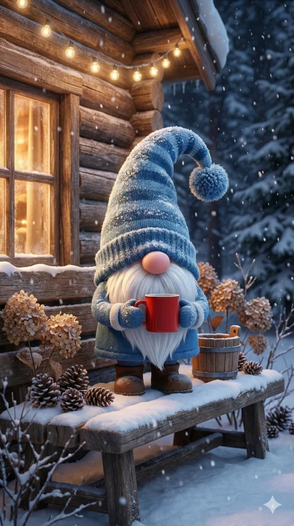 19 Gemini Nano Banana Pro Prompts for Christmas Cute winter gnome figurine standing on snowy wooden bench outside rustic log cabin, tall floppy blue striped knitted hat with pompom covered in frost, long white beard, big round pink nose, holding red coffee mug, wearing blue outfit with brown boots, wooden bucket beside him, dried flowers and pinecones decorations, warm glowing window light, string lights, heavy snowfall, dark winter forest background, cozy hygge atmosphere, 3D render style, Use aspect ratio 9:16