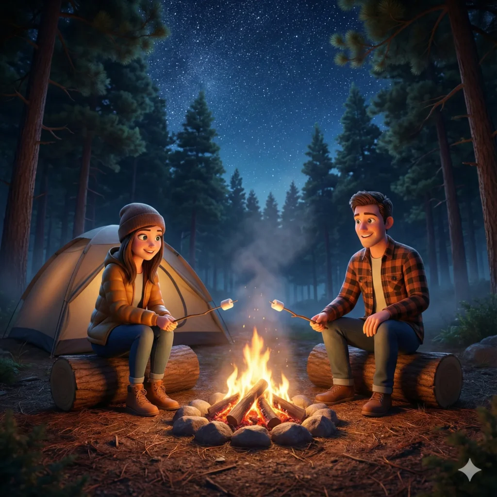 How to Create Beautiful 3D Cartoons Using Gemini Nano Banana Create a realistic 3D cartoon illustration of two friends camping beside a glowing campfire at night. The style should look vibrant, smooth, and detailed with expressive characters and lifelike lighting. The environment should be a forest clearing with a starry night sky and tall pine trees. Use soft cinematic light, balanced shadows, and a shallow depth of field to add realism. Camera angle: wide shot. The scene should include a tent, marshmallows on sticks, and soft firelight flicker. Add fine surface textures like glowing embers, clothing fabric, and smoke haze. Overall tone: peaceful and warm.