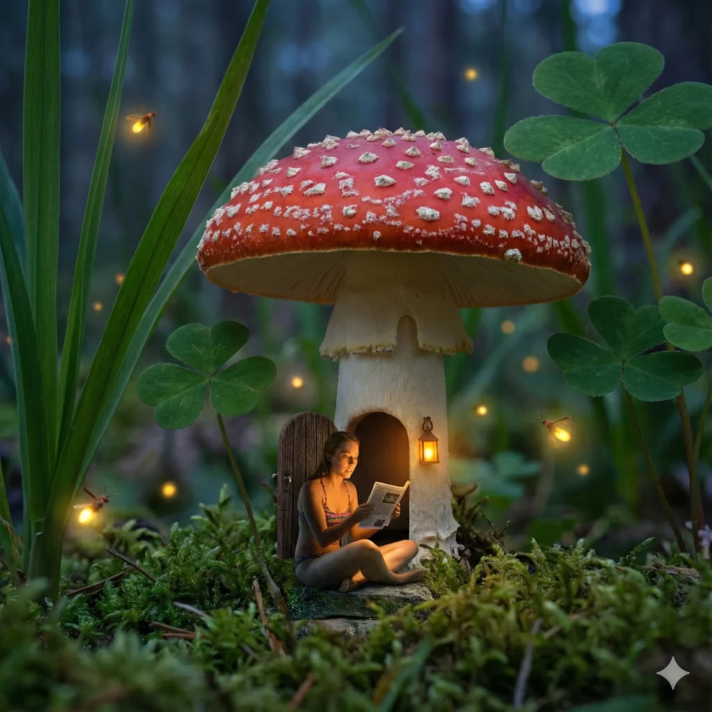10 Gemini Nano Banana Pro Prompts for Fun Surreal Photos Create a cozy miniature image of the person in the attached photo sitting on the doorstep of a house carved into the stem of a red spotted mushroom. They are reading a tiny newspaper. Tall blades of grass tower over them like trees. Fireflies are starting to glow in the background. Magical atmosphere. Aspect ratio 1:1.