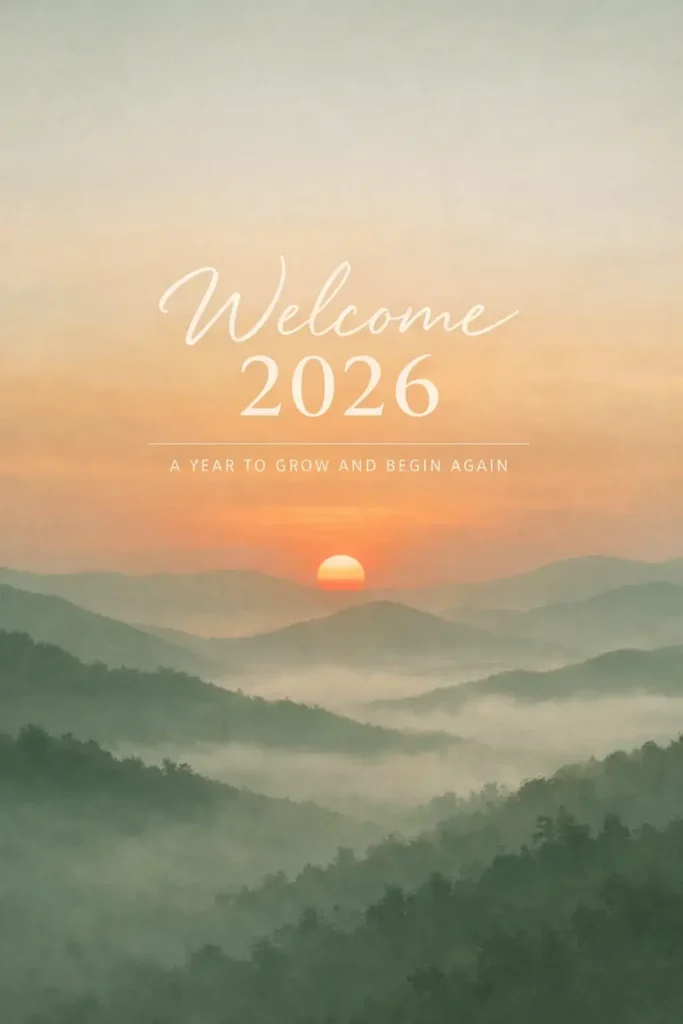 15 ChatGPT Prompts for New Year Cards Create a serene New Year card with a minimal nature background showing a soft sunrise over mountains or hills, slightly misty and calm. Use muted natural colors like sage green and warm orange. Place centered text reading “Welcome 2026” with a smaller line below saying “A year to grow and begin again”. Use aspect ratio 3:4.