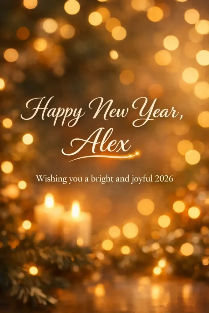 15 ChatGPT Prompts for New Year Cards Create a personalized New Year card with a softly blurred festive background featuring warm glowing lights. Display elegant centered typography reading “Happy New Year, Alex” with “Wishing you a bright and joyful 2026” below it. Highlight the name with a subtle glow or underline to emphasize personalization while keeping the design warm and thoughtful. Use aspect ratio 3:4.