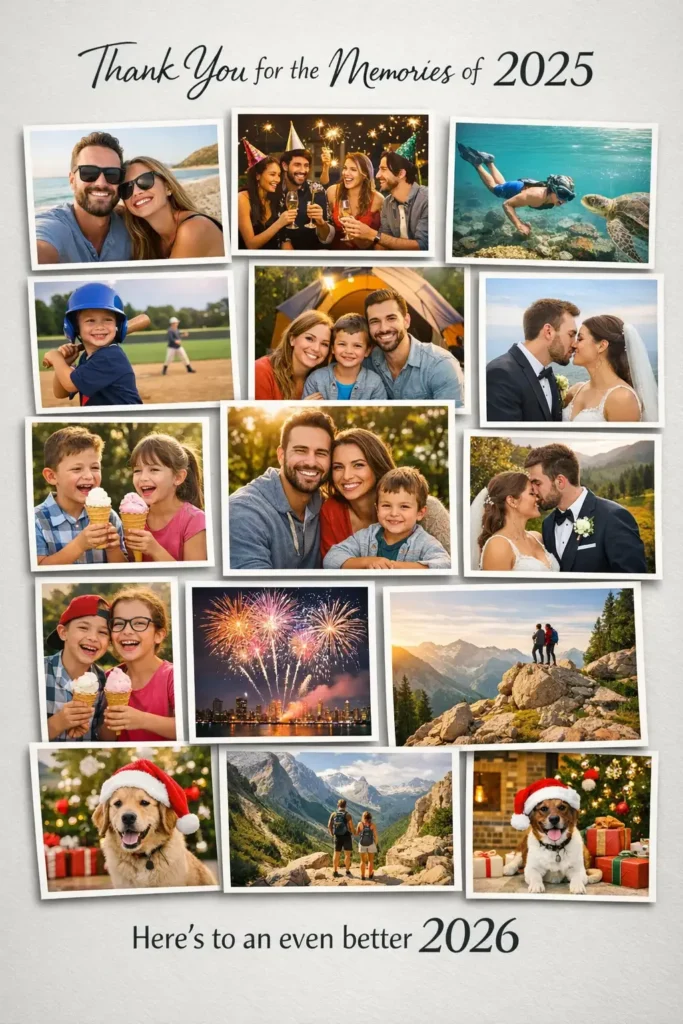 15 ChatGPT Prompts for New Year Cards Create a digital New Year card designed as a photo collage featuring multiple rectangular photo frames arranged neatly on a neutral background. Add soft drop shadows under each image. At the top, include text reading “Thank You for the Memories of 2025”, and at the bottom add “Here’s to an even better 2026” in clean modern typography. Use aspect ratio 3:4.