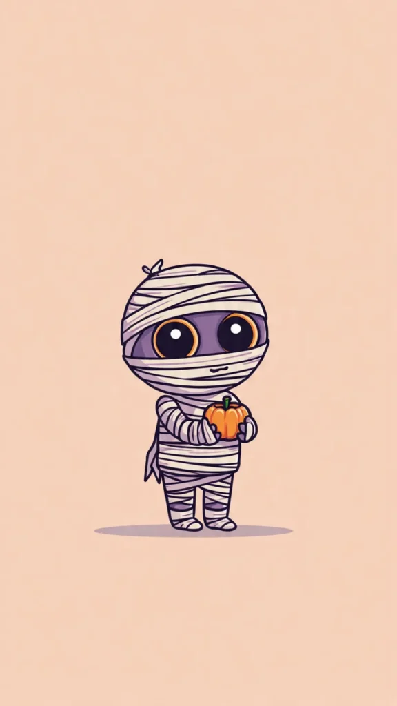 How to Create Cute Halloween Characters Using Meta AI Create a cute halloween character of a cheerful mummy wrapped in loose bandages, holding a tiny pumpkin lantern, chibi style with big expressive eyes and friendly expression, soft color palette (orange, black, purple, green), minimal simple background, digital illustration, clean vector art.