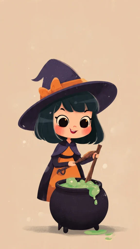 How to Create Cute Halloween Characters Using Meta AI Create a cute halloween character of a cheerful witch stirring a bubbling potion cauldron, chibi style with big expressive eyes and friendly expression, soft color palette (orange, black, purple, green), minimal simple background, digital illustration, clean vector art.