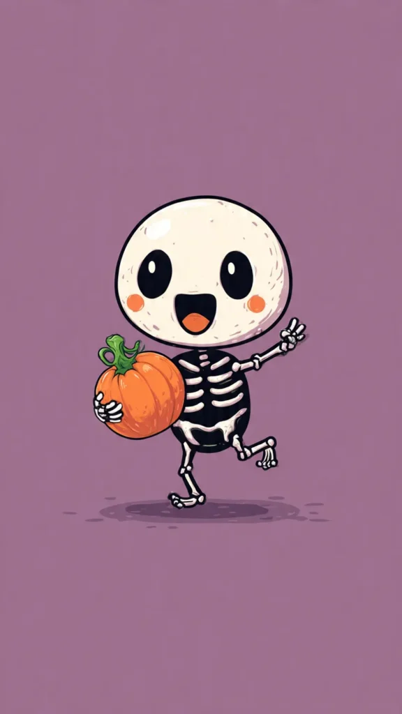 How to Create Cute Halloween Characters Using Meta AI Create a cute halloween character of a cheerful skeleton boy dancing with a pumpkin, chibi style with big expressive eyes and friendly expression, soft color palette (orange, black, purple, green), minimal simple background, digital illustration, clean vector art.