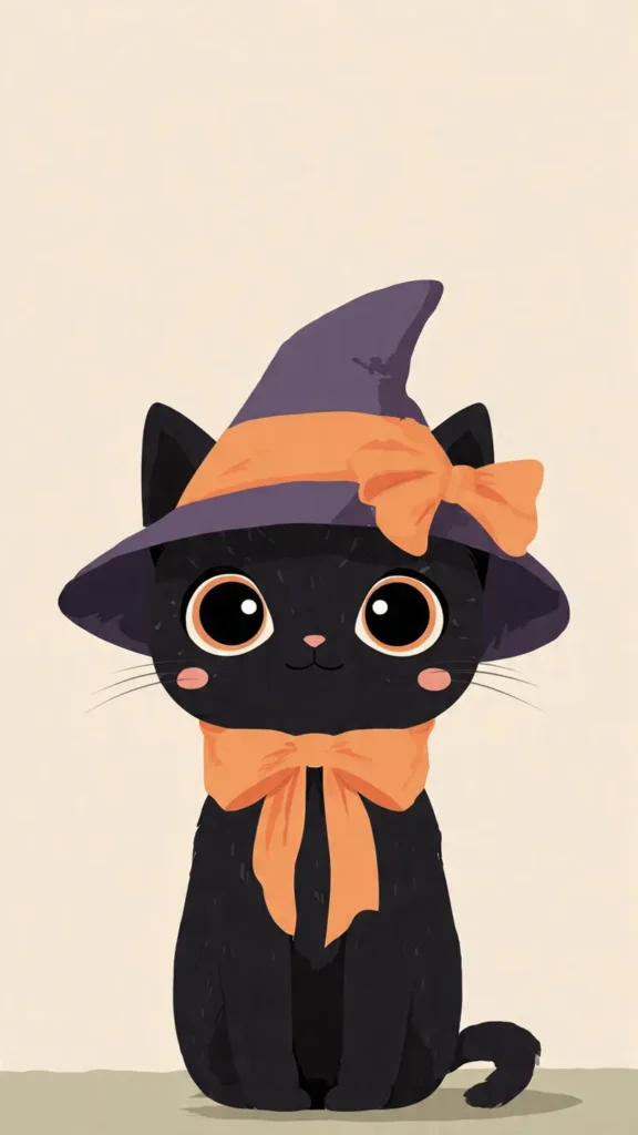 How to Create Cute Halloween Characters Using Meta AI Create a cute halloween character of a friendly black cat wearing a witch hat and orange bow, chibi style with big expressive eyes and friendly expression, soft color palette (orange, black, purple, green), minimal simple background, digital illustration, clean vector art.