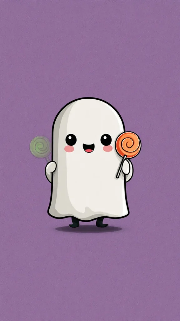 How to Create Cute Halloween Characters Using Meta AI Create a cute halloween character of a happy ghost holding a lollipop, chibi style with big expressive eyes and friendly expression, soft color palette (orange, black, purple, green), minimal simple background, digital illustration, clean vector art.