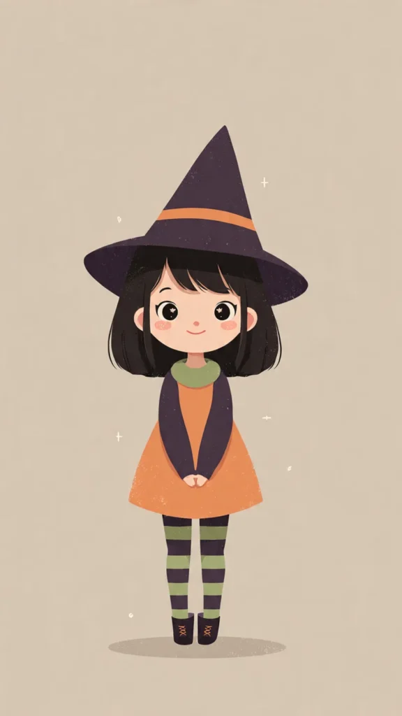 How to Create Cute Halloween Characters Using Meta AI Create a cute halloween character of a happy witch girl wearing a pointy hat and striped stockings, chibi style with big expressive eyes and friendly expression, soft color palette (orange, black, purple, green), minimal simple background, digital illustration, clean vector art.