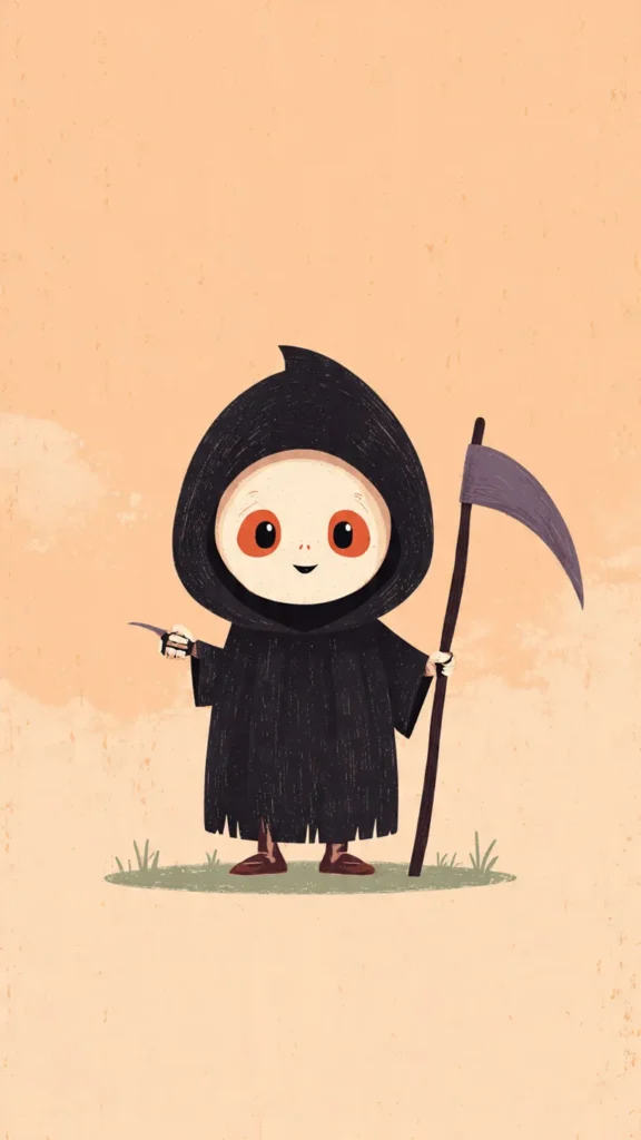 How to Create Cute Halloween Characters Using Meta AI Create a cute halloween character of a little grim reaper holding a small scythe, chibi style with big expressive eyes and friendly expression, soft color palette (orange, black, purple, green), minimal simple background, digital illustration, clean vector art.