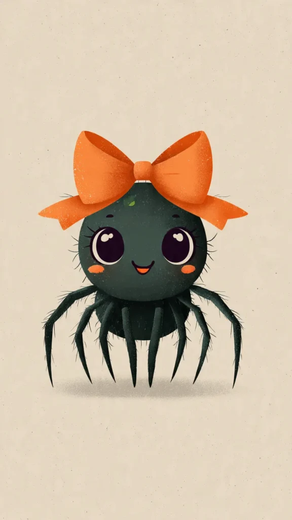 How to Create Cute Halloween Characters Using Meta AI Create a cute halloween character of a smiling spider with a big orange bow, chibi style with big expressive eyes and friendly expression, soft color palette (orange, black, purple, green), minimal simple background, digital illustration, clean vector art.