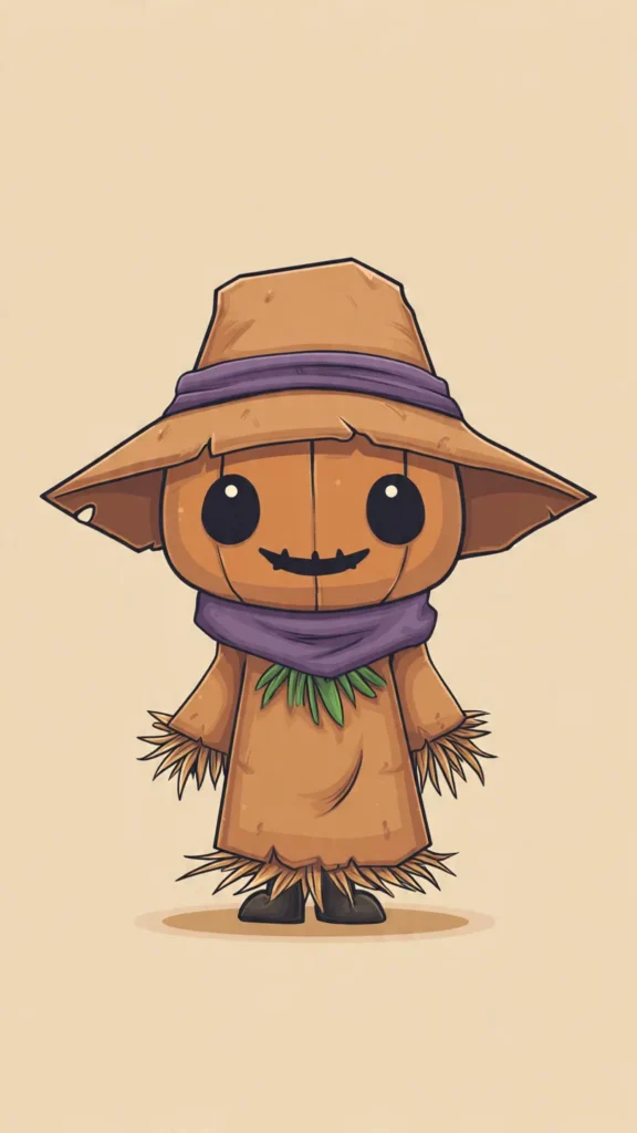 How to Create Cute Halloween Characters Using Meta AI Create a cute halloween character of a smiling scarecrow wearing a floppy hat and straw arms, chibi style with big expressive eyes and friendly expression, soft color palette (orange, black, purple, green), minimal simple background, digital illustration, clean vector art.