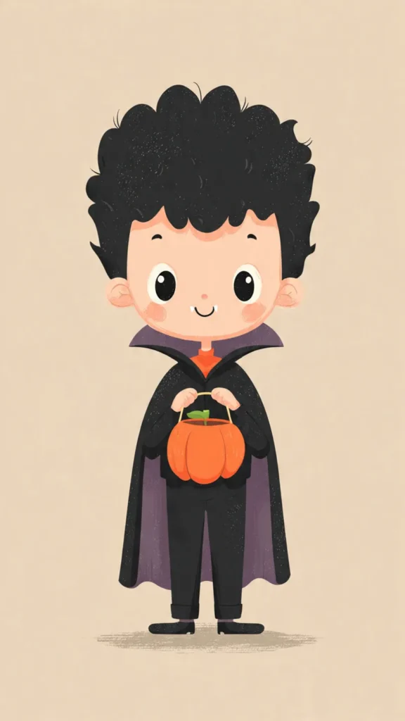 How to Create Cute Halloween Characters Using Meta AI Create a cute halloween character of a smiling vampire boy wearing a tiny black cape and holding a pumpkin bucket, chibi style with big expressive eyes and friendly expression, soft color palette (orange, black, purple, green), minimal simple background, digital illustration, clean vector art.