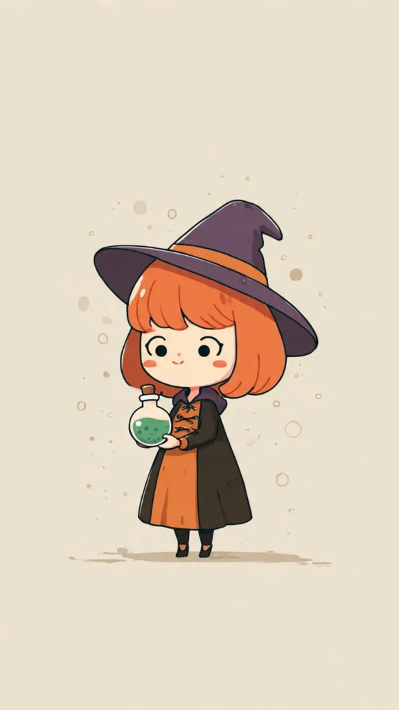 How to Create Cute Halloween Characters Using Meta AI Create a cute halloween character of a tiny witch apprentice mixing potions, chibi style with big expressive eyes and friendly expression, soft color palette (orange, black, purple, green), minimal simple background, digital illustration, clean vector art.