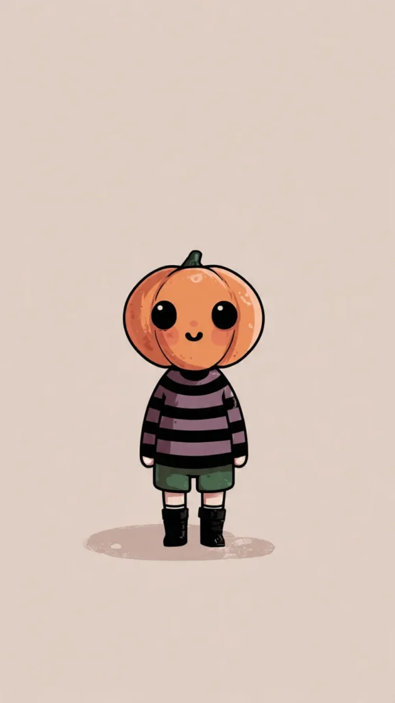 How to Create Cute Halloween Characters Using Meta AI Create a cute halloween character of a tiny pumpkin-headed child wearing striped clothes, chibi style with big expressive eyes and friendly expression, soft color palette (orange, black, purple, green), minimal simple background, digital illustration, clean vector art.