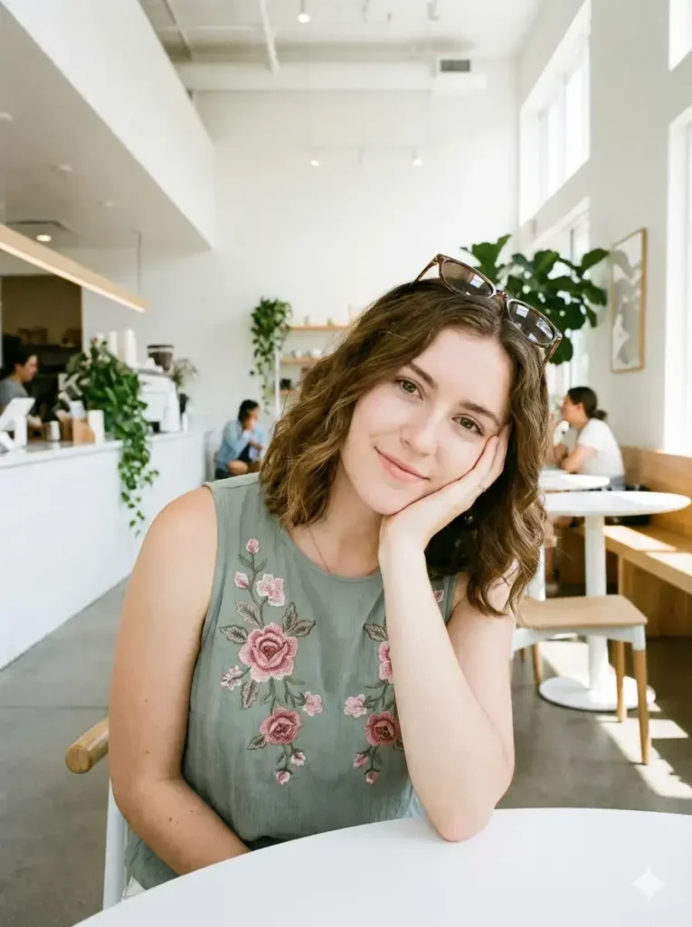 11 Gemini Prompts for Stunning Women Photos Create a bright, airy lifestyle portrait of a young woman seated at a café table in a modern, minimal interior. She leans her head gently into one hand, elbow resting on the table, creating a relaxed and approachable pose. She looks directly at the camera with a soft, warm smile and expressive eyes, conveying calm confidence and friendliness. She wears a sleeveless sage-green top adorned with delicate floral embroidery in muted pink and rose tones, adding subtle texture and elegance. Her medium-length brown hair is styled in smooth, loose waves, parted slightly to the side. A pair of stylish sunglasses rests casually on top of her head, reinforcing a chic, everyday aesthetic. Use aspect ratio 3:4.