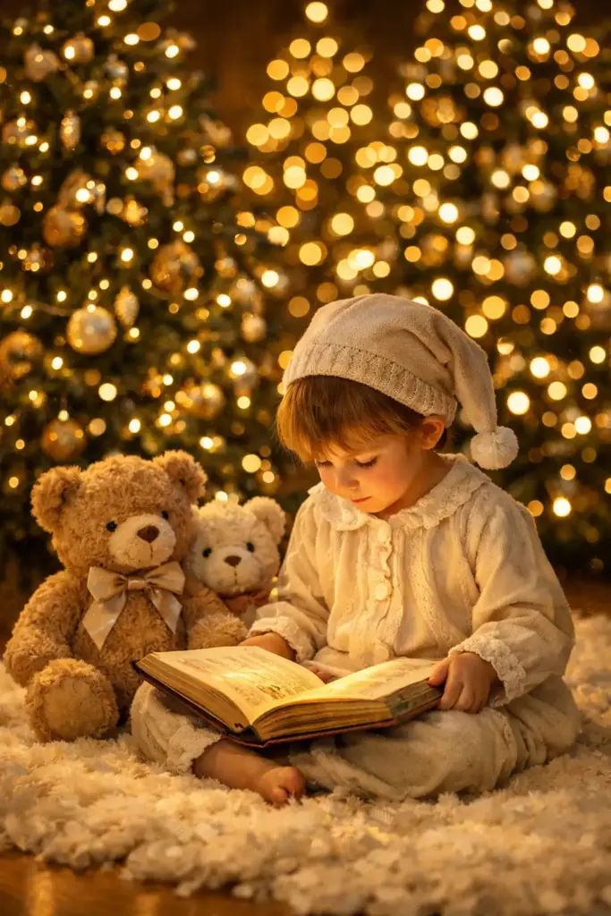 10 ChatGPT Prompts for Christmas Photos Child Reading by Christmas Lights