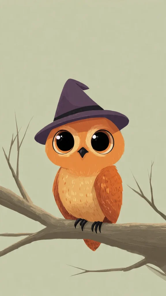 How to Create Cute Halloween Characters Using Meta AI Create a cute halloween character of a little owl wearing a tiny witch hat sitting on a tree branch, chibi style with big expressive eyes and friendly expression, soft color palette (orange, black, purple, green), minimal simple background, digital illustration, clean vector art.
