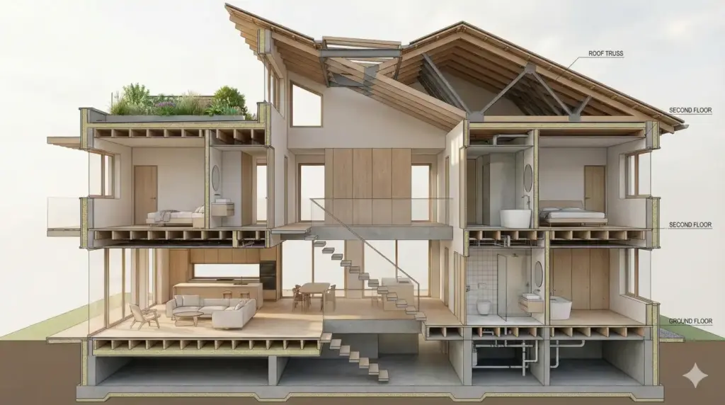 Gemini Nano Banana Pro Prompts for Architecture 3D Visualization, BIM, and AI Rendering Modern House Cutaway Interior View