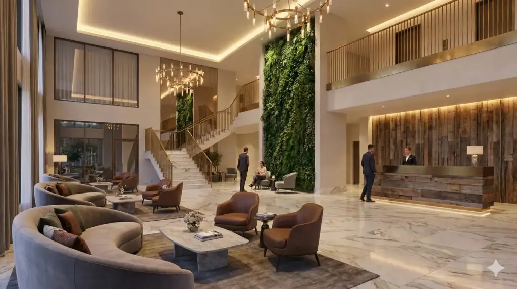 Gemini Nano Banana Pro Prompts for Architecture 3D Visualization, BIM, and AI Rendering Hotel Lobby with Double-Height Space
