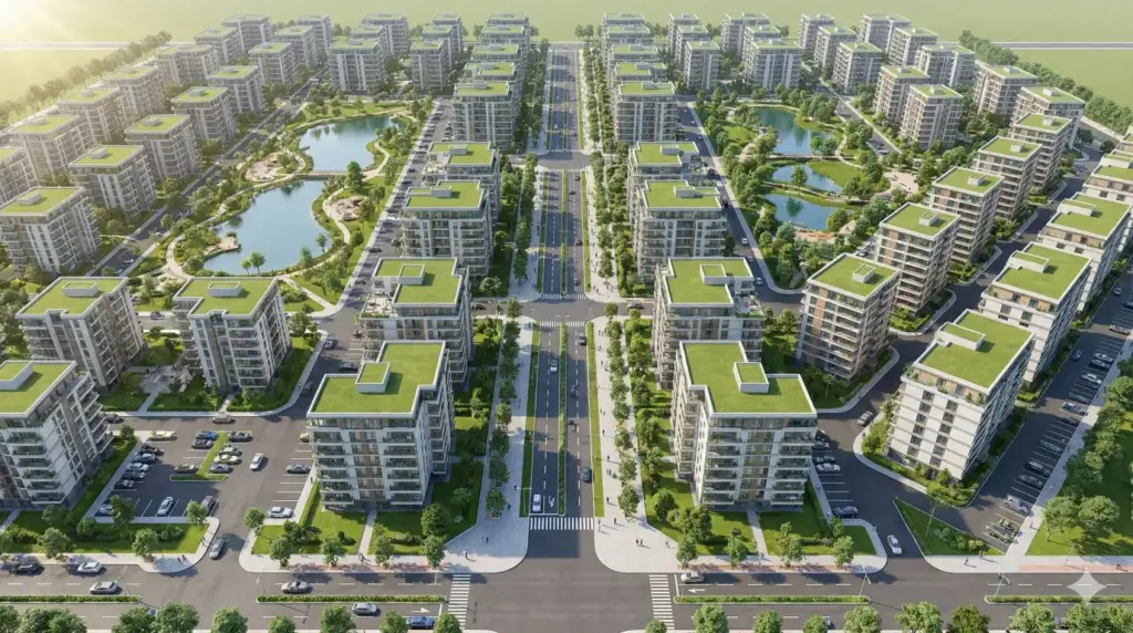 Gemini Nano Banana Pro Prompts for Architecture 3D Visualization, BIM, and AI Rendering Modern Residential Township Aerial View