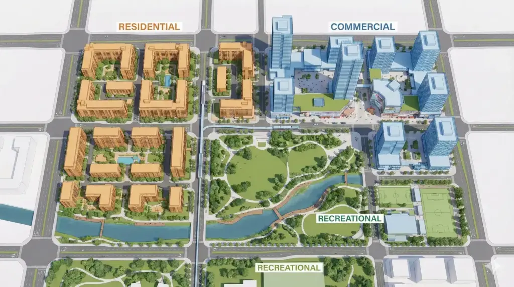 Gemini Nano Banana Pro Prompts for Architecture 3D Visualization, BIM, and AI Rendering Mixed-Use Development Overview