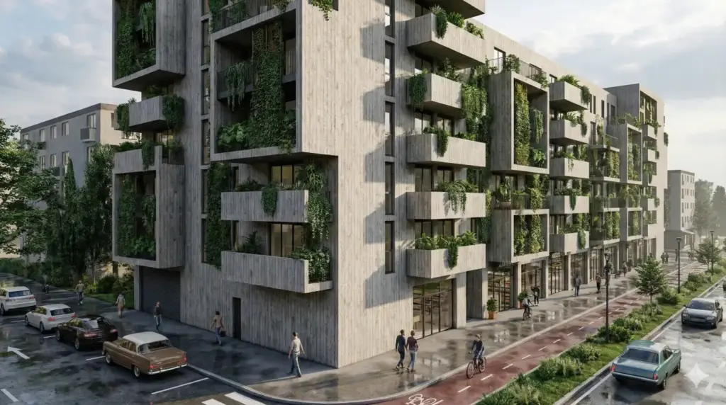 Gemini Nano Banana Pro Prompts for Architecture 3D Visualization, BIM, and AI Rendering Contemporary Apartment Complex with Greenery