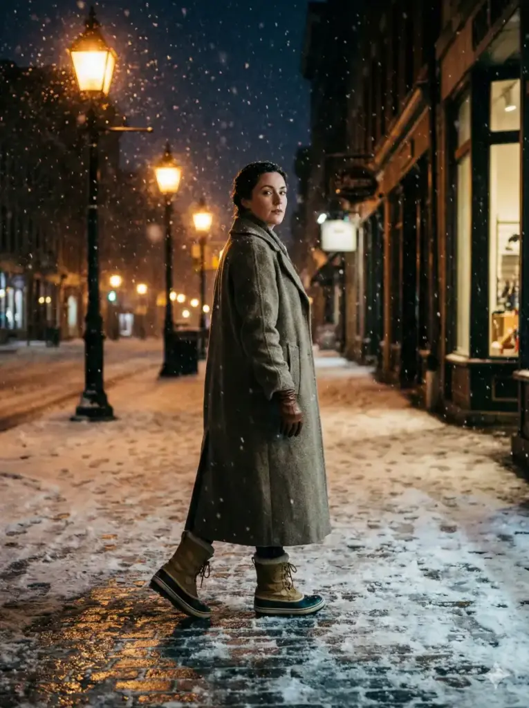 20 Gemini Nano Banana Pro Prompts for Cinematic Outdoor Photos Woman Walking Through Snowy Street at Night