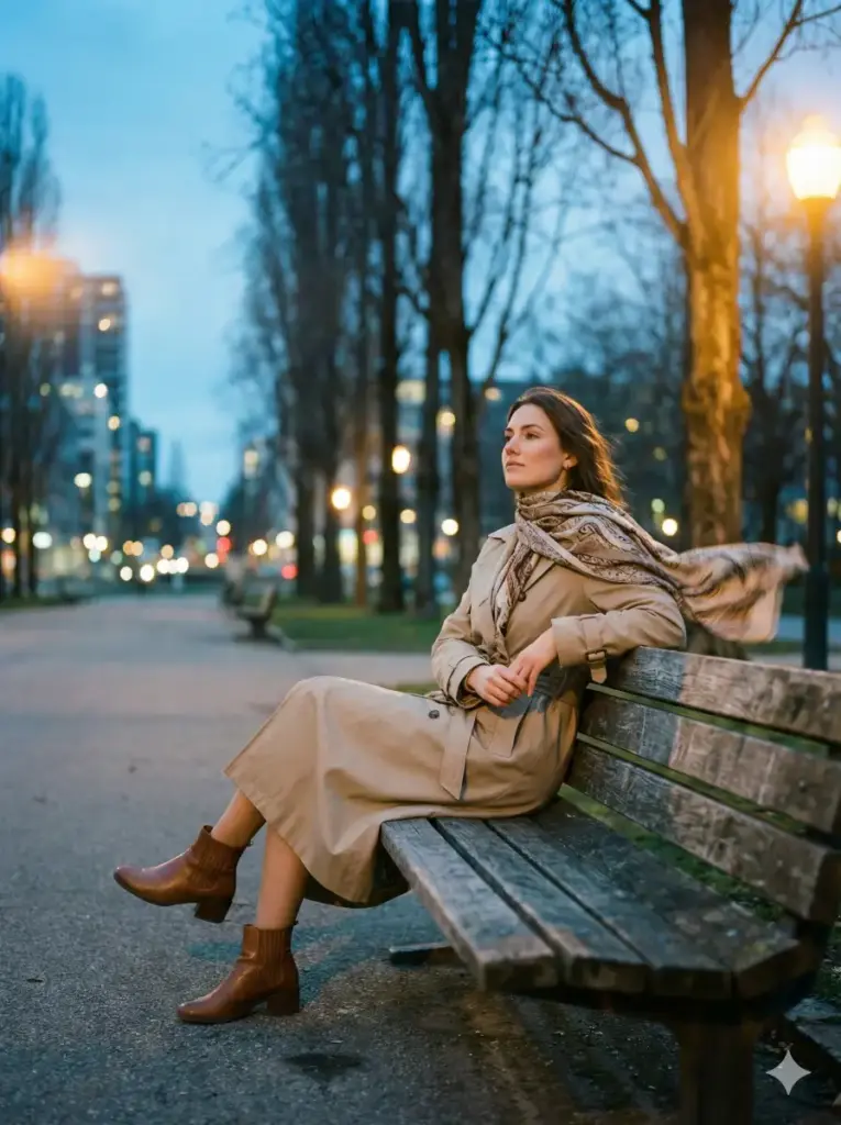 20 Gemini Nano Banana Pro Prompts for Cinematic Outdoor Photos Woman on Park Bench at Dusk
