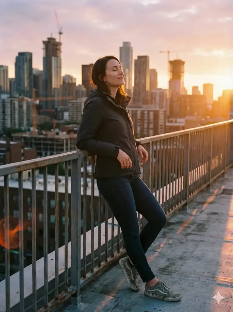 20 Gemini Nano Banana Pro Prompts for Cinematic Outdoor Photos Woman on City Rooftop at Sunrise