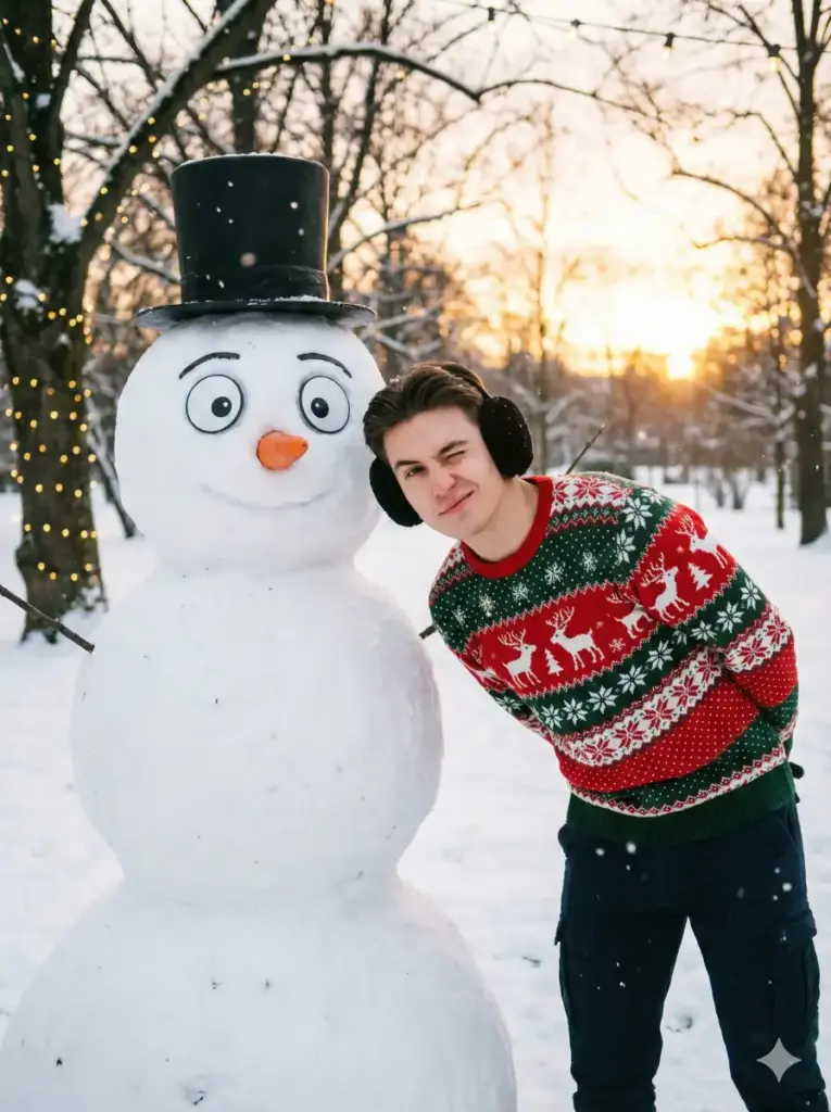 Playful Snowman Scene with Nordic Sweater