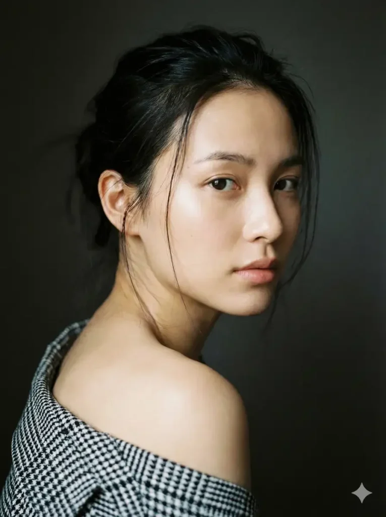 11 Gemini Prompts for Stunning Women Photos Create a close-up, fine-art portrait of a young woman captured indoors in soft, directional natural light. The composition is tight on her face and shoulders, creating an intimate, contemplative mood. She is turned slightly away from the camera, looking back over her shoulder with a calm, introspective expression and steady eye contact. Her dark hair is loosely pulled back, with a few natural strands falling softly across her face, adding realism and vulnerability. Her skin is smooth and luminous with natural texture visible, subtly highlighted by the light. Makeup is minimal and elegant. She wears a black-and-white patterned garment draped loosely off one shoulder, revealing bare skin in a tasteful, understated way. The background is dark and neutral, fading into shadow, allowing the subject’s face and shoulder to remain the clear focal point. Use aspect ratio 3:4.