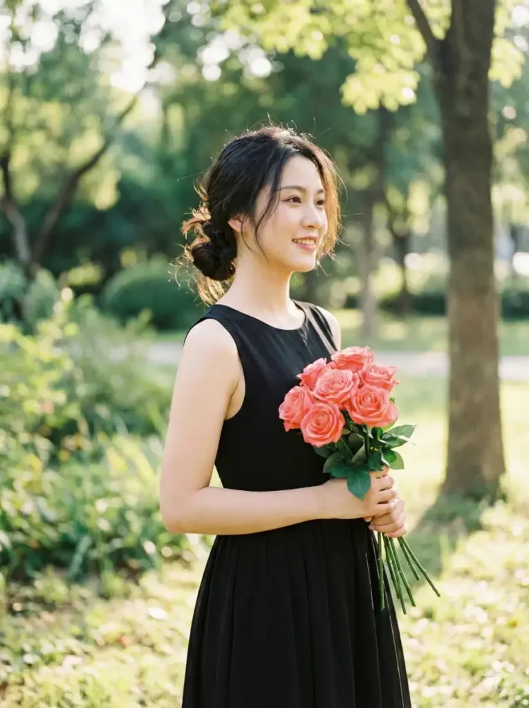 11 Gemini Prompts for Stunning Women Photos Create a graceful outdoor portrait of a young woman standing in a sunlit park or garden setting, surrounded by softly blurred trees and greenery. She wears a simple yet elegant sleeveless black dress with a fitted bodice and flowing skirt, creating a timeless, minimalist silhouette. Her posture is relaxed and natural, conveying quiet confidence and ease. Her dark hair is styled in a low, slightly messy bun with soft face-framing strands. She smiles gently while looking off to the side, not directly at the camera, giving the image a candid, joyful feeling. Her makeup is natural and fresh, with softly defined eyes and a warm, natural lip tone. She holds a small bouquet of coral-pink roses with green stems, cradled lightly in both hands at waist level. Use aspect ratio 3:4.