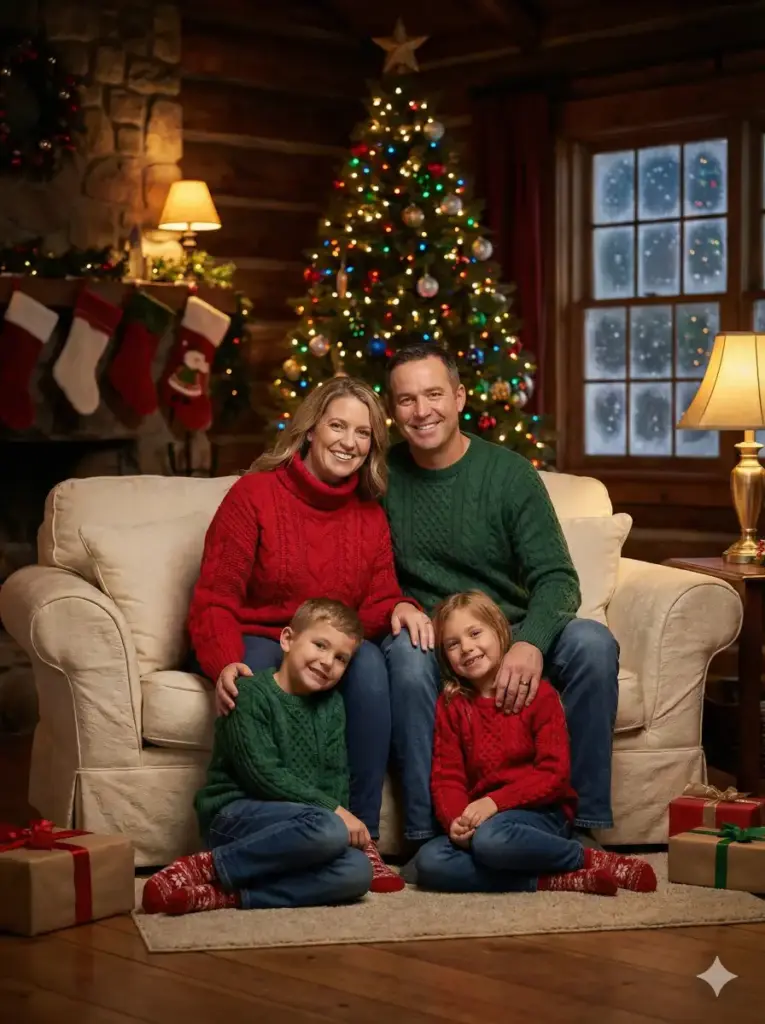 Cozy Family Portrait in a Glowing Living Room