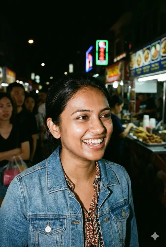 South Asian Woman, Night Market, Flash Photography