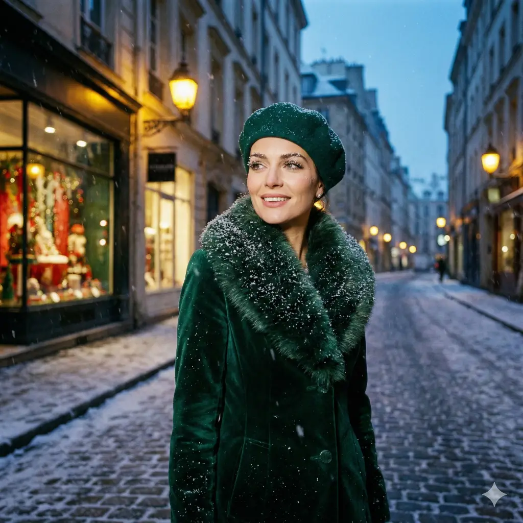 21 Gemini Nano Banana Pro Prompts for Holiday Photos Woman in Emerald Coat at European Christmas Market