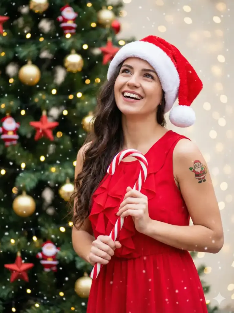 Woman in Red Dress with a Candy Cane