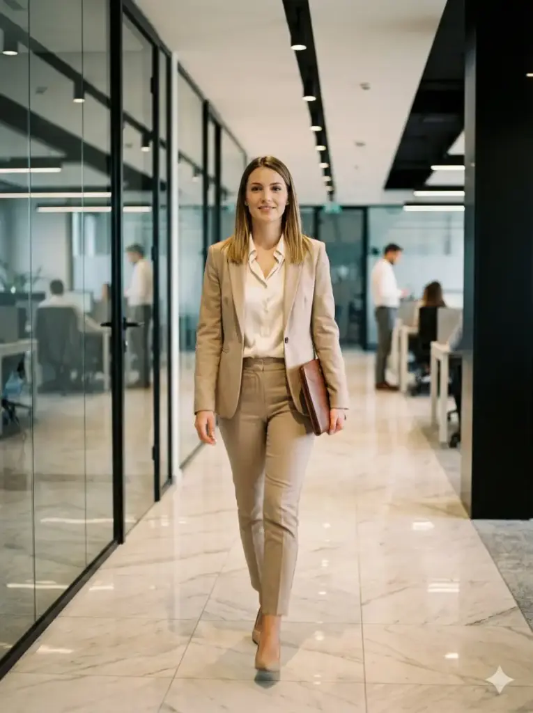 Woman Walking Confidently in Office Hallway