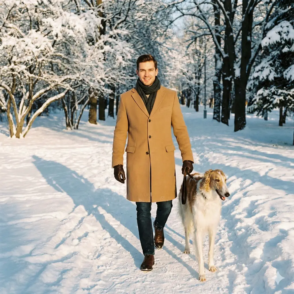 21 Gemini Nano Banana Pro Prompts for Holiday Photos Man Walking Dog Through Snowy Park