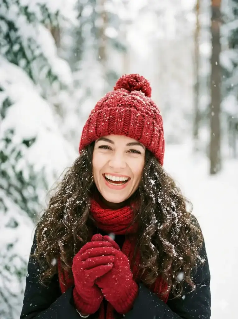 Woman in Red Winter Accessories in the Snow
