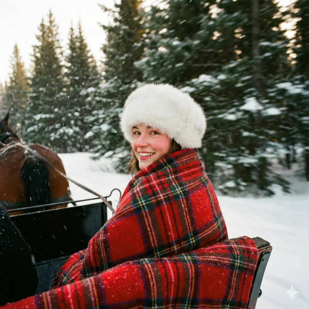 21 Gemini Nano Banana Pro Prompts for Holiday Photos Woman in Horse-Drawn Sleigh