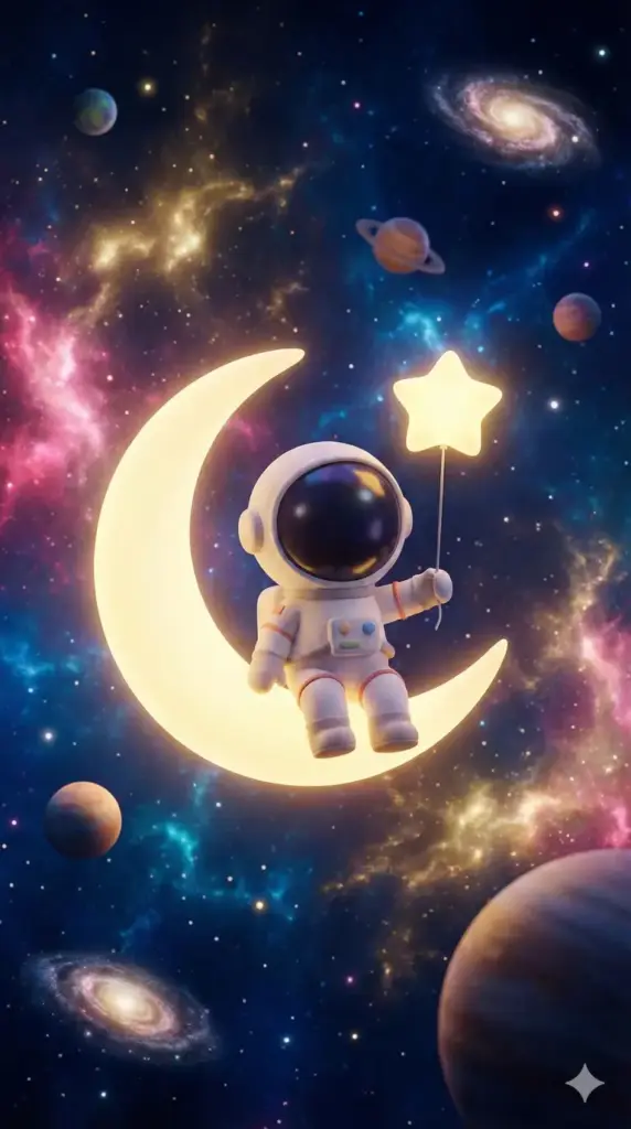 Chibi Astronaut on Crescent Moon