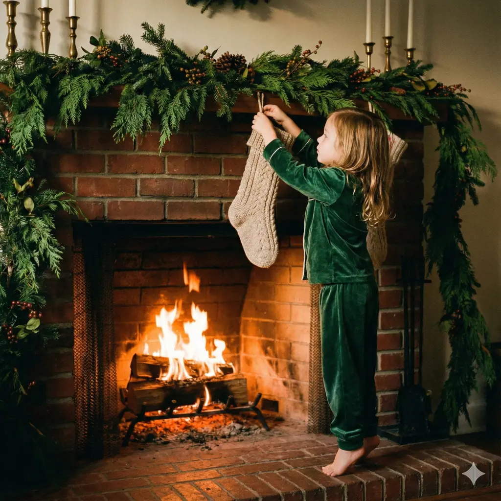 21 Gemini Nano Banana Pro Prompts for Holiday Photos Little Girl Hanging Stocking on Fireplace