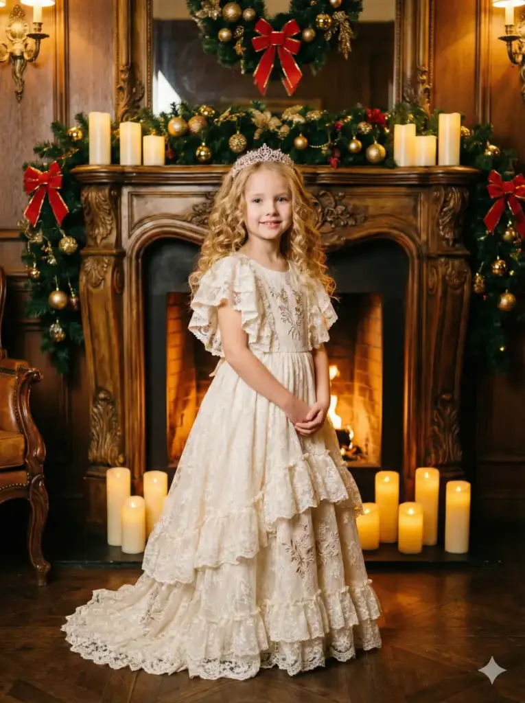 Little Girl in Lace Dress by the Fireplace