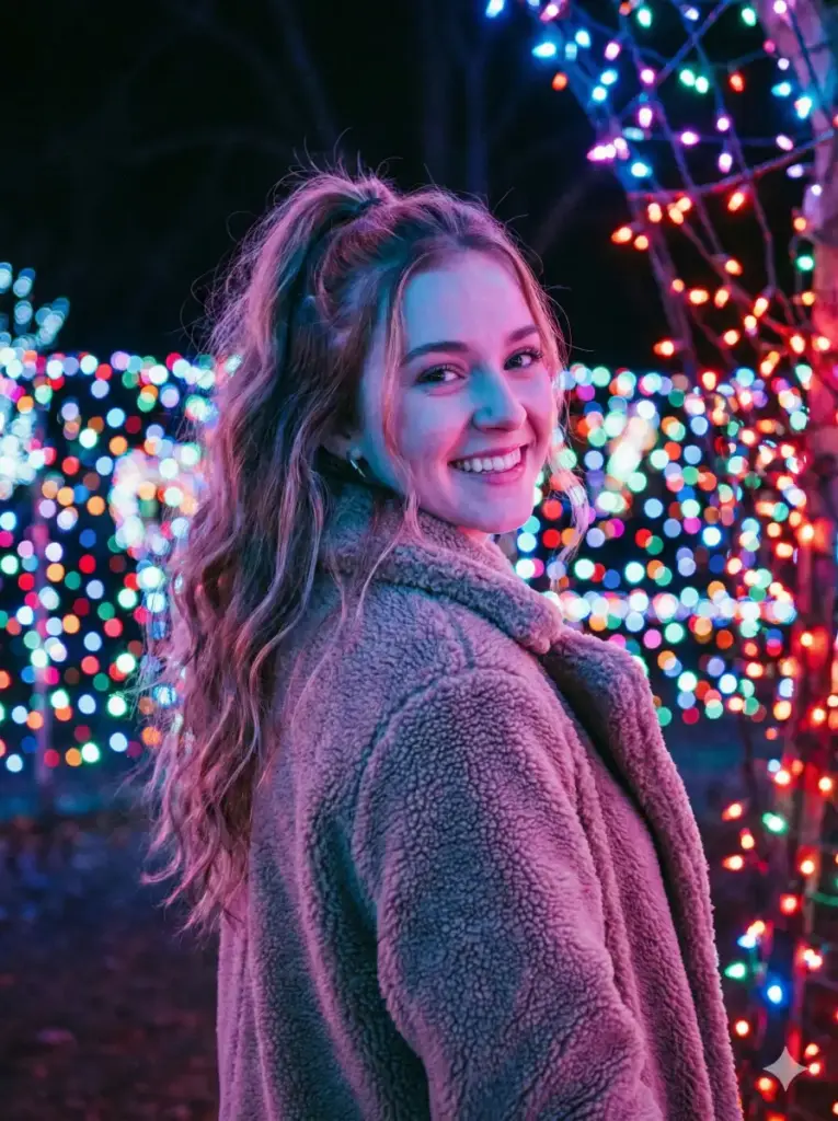 Young Woman Surrounded by Holiday Lights