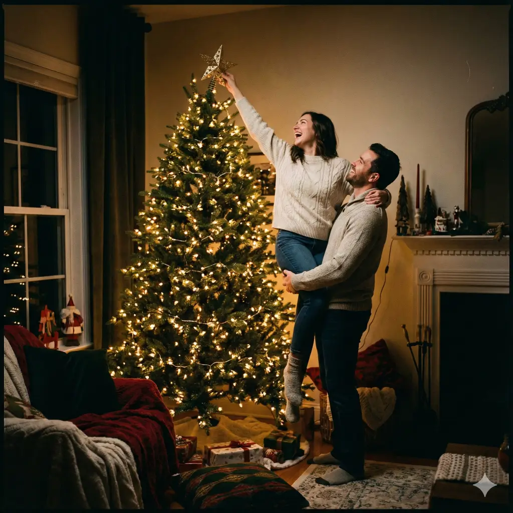 21 Gemini Nano Banana Pro Prompts for Holiday Photos Couple Decorating Christmas Tree Together