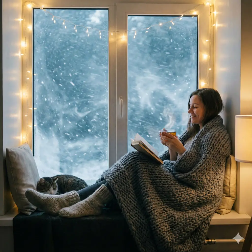 21 Gemini Nano Banana Pro Prompts for Holiday Photos Woman Reading by Window During Blizzard