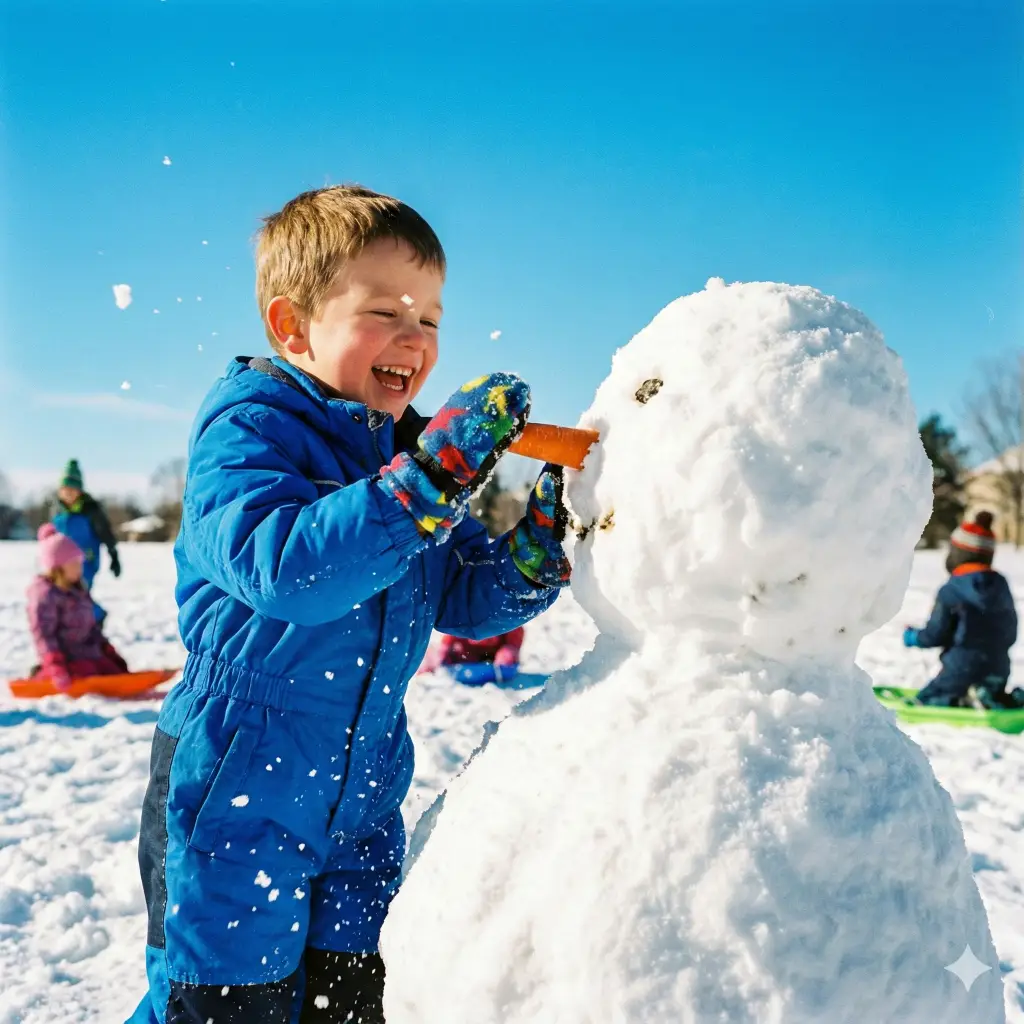 21 Gemini Nano Banana Pro Prompts for Holiday Photos Boy Putting Carrot Nose on Snowman